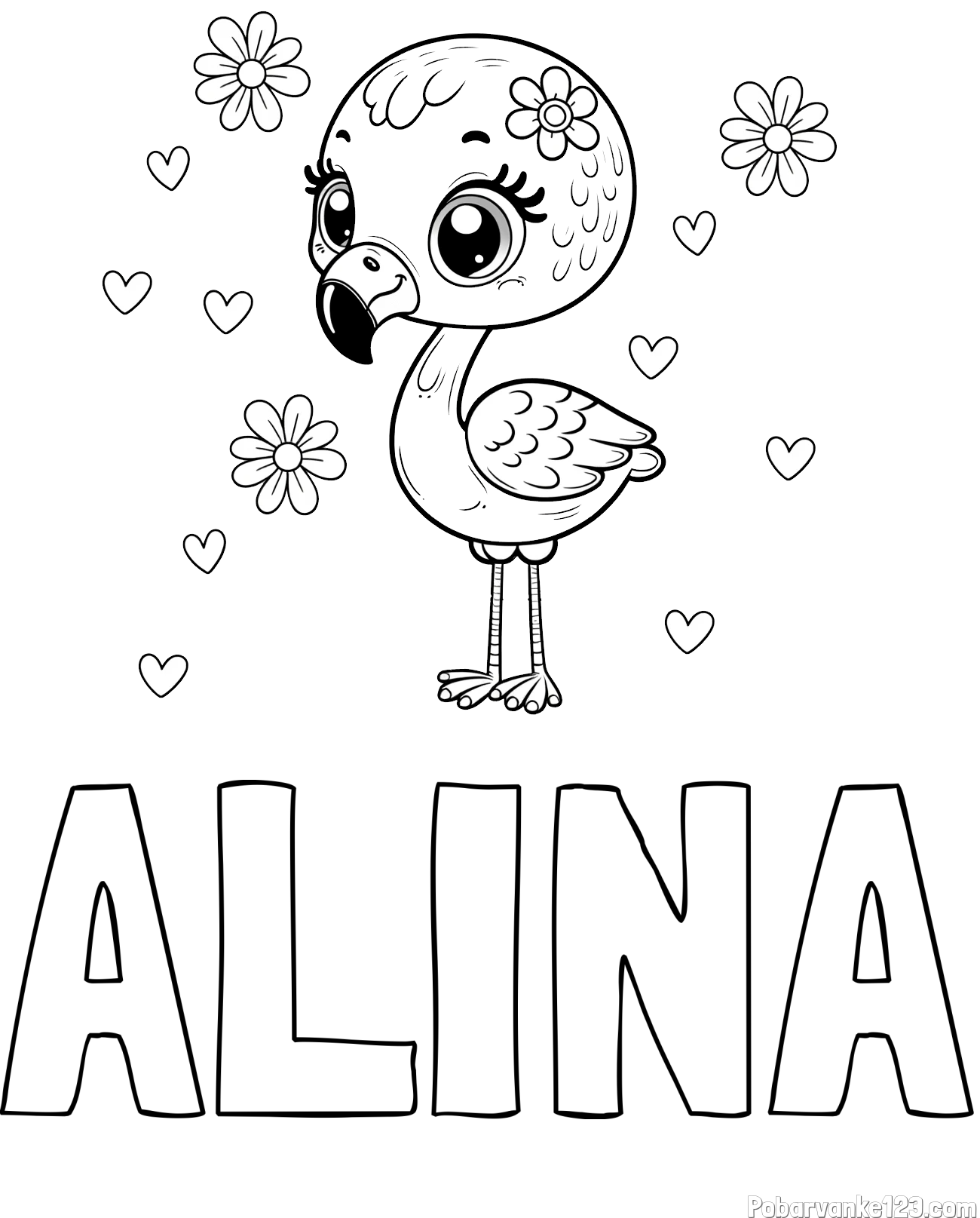 Pobarvanka imena ALINA in pobarvanka mladička flaminga z rožicami in srčki