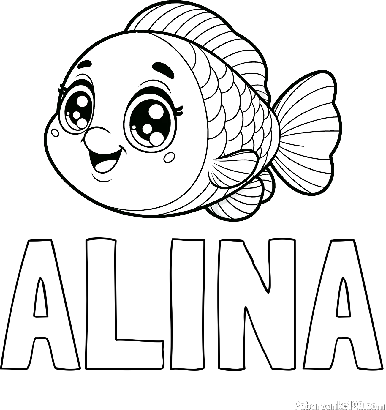 Pobarvanka imena ALINA in pobarvanka prisrčne ribe