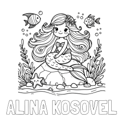 Online izdelana pobarvanka - Pobarvanka imena ALINA KOSOVEL in pobarvanka prikupne male morske deklice