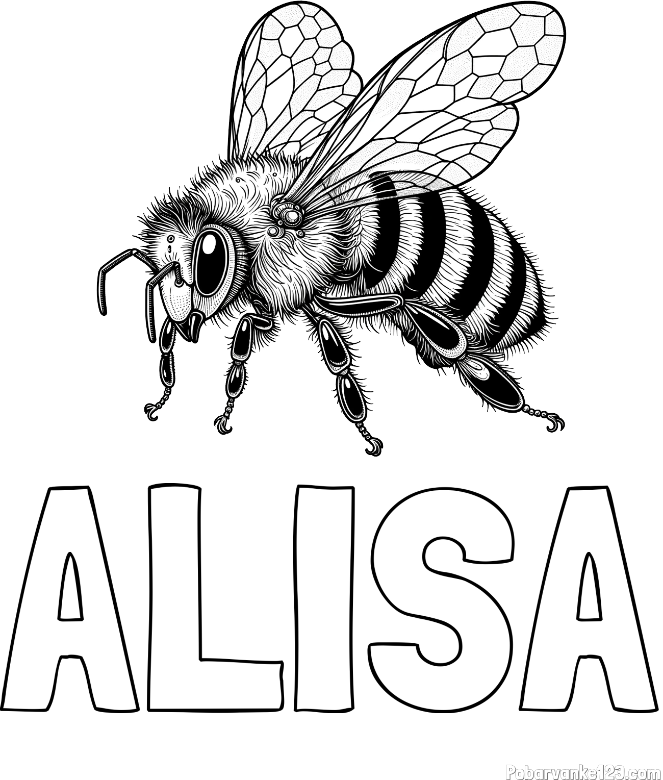 Pobarvanka imena ALISA in pobarvanka lepe in realistično oblikovane čebele