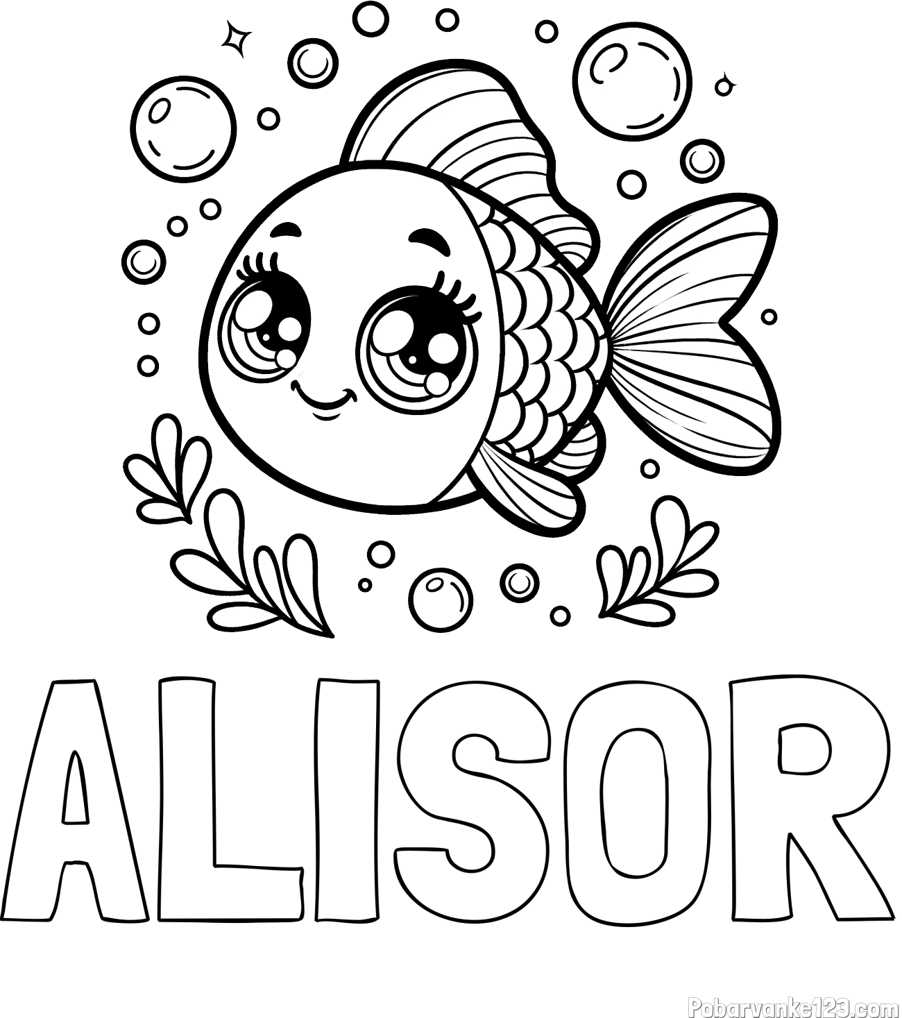 Pobarvanka imena ALISOR in pobarvanka prisrčne ribice