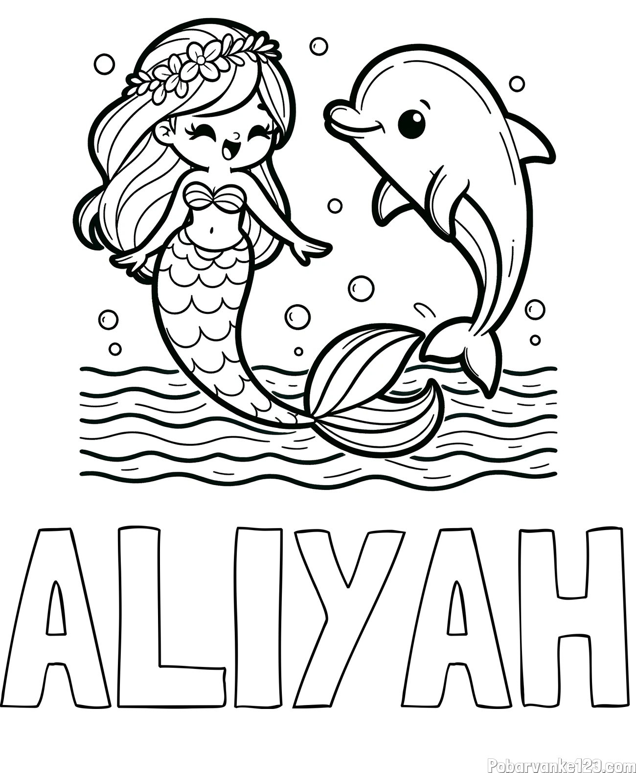 Pobarvanka imena ALIYAH in pobarvanka ljubke morske deklice, ki pleše z delfinom