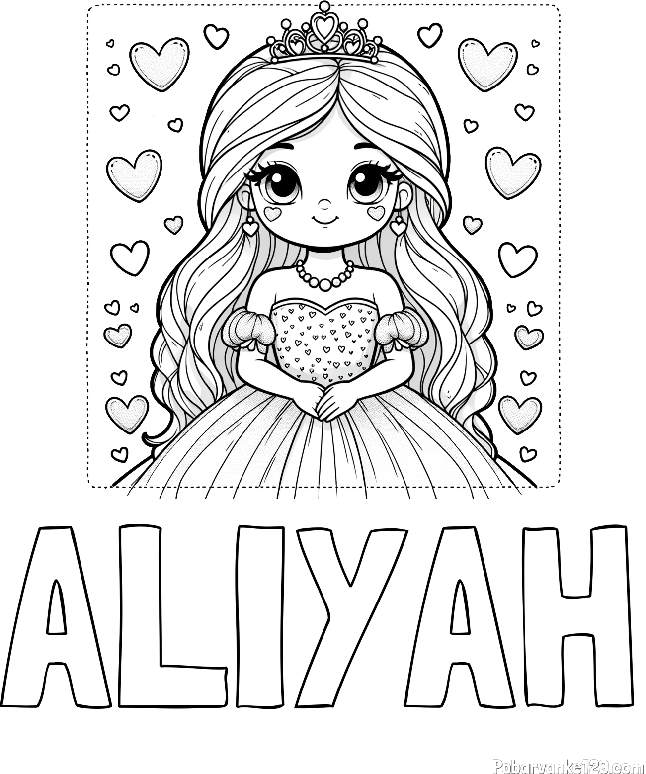 Pobarvanka imena ALIYAH in pobarvanka ljubke princese obdane s srčki
