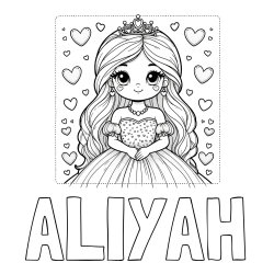 Online izdelana pobarvanka - Pobarvanka imena ALIYAH in pobarvanka ljubke princese obdane s srčki