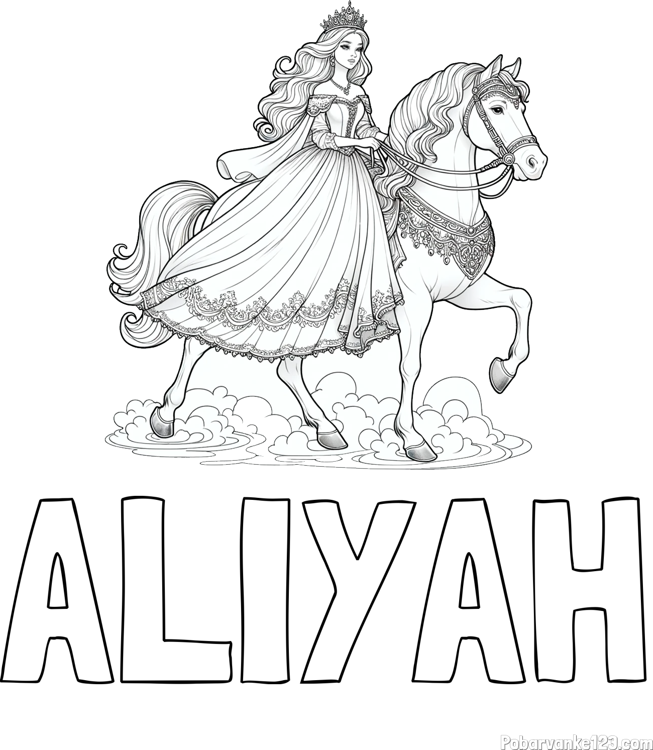 Pobarvanka imena ALIYAH in pobarvanka princese na konju