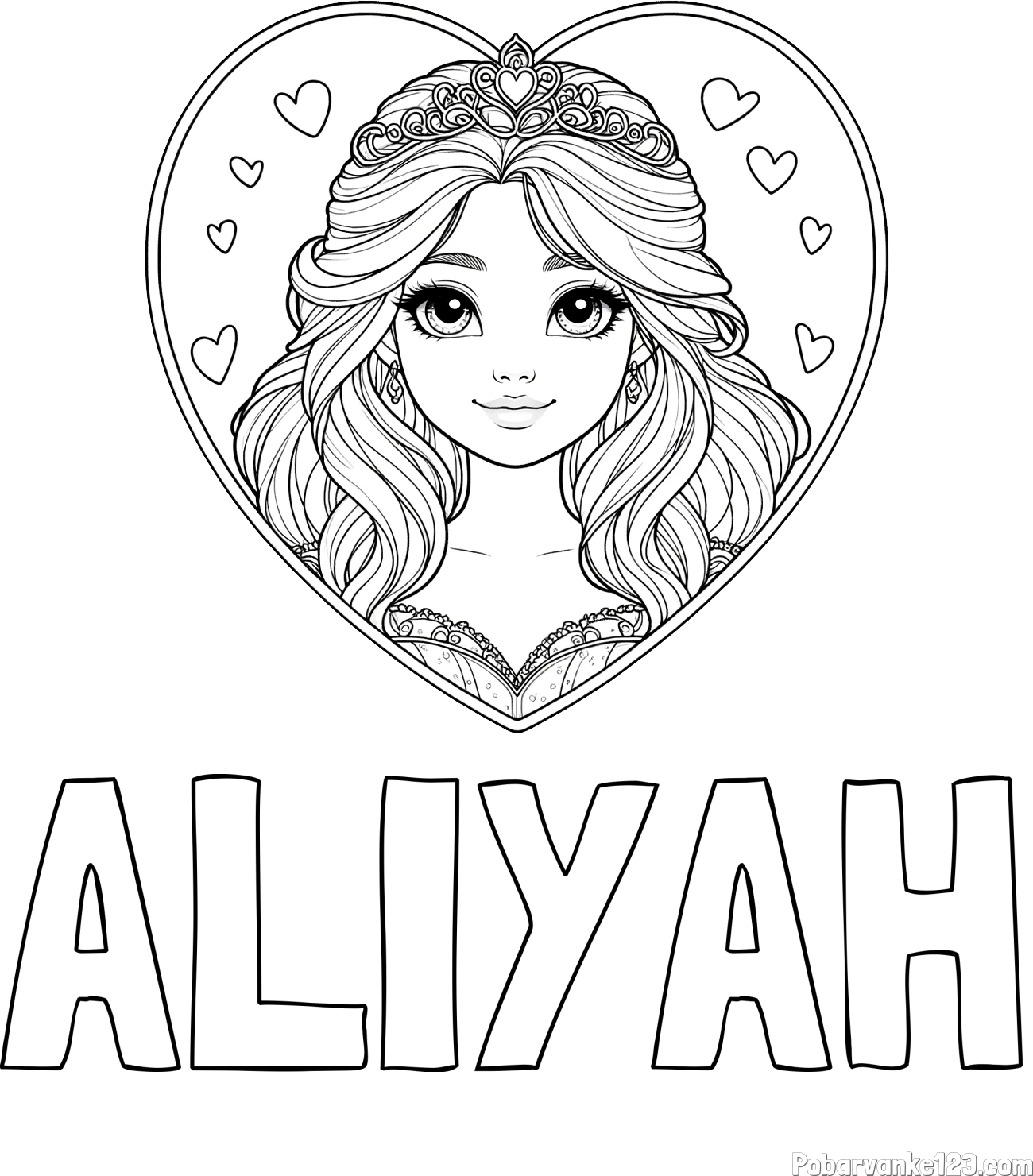 Pobarvanka imena ALIYAH in pobarvanka princeske ter srčkov