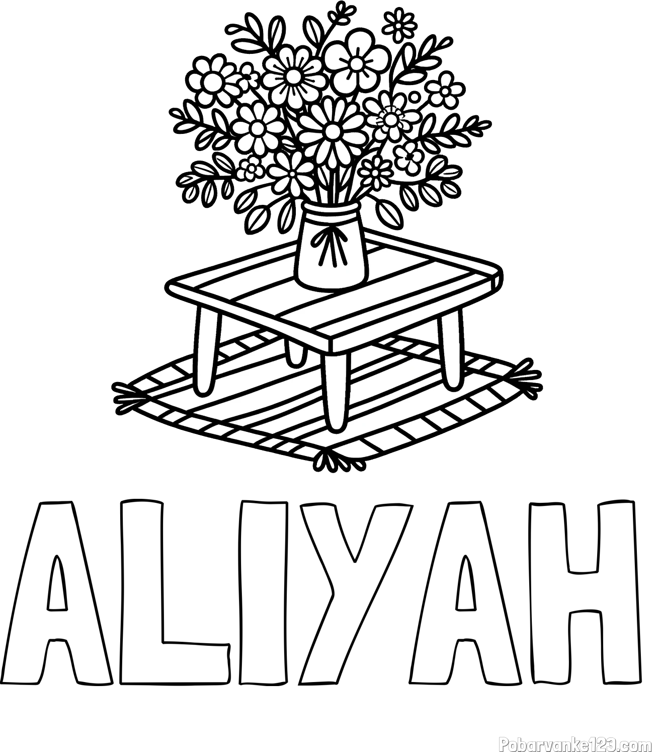 Pobarvanka imena ALIYAH in pobarvanka šopka rož na mizi