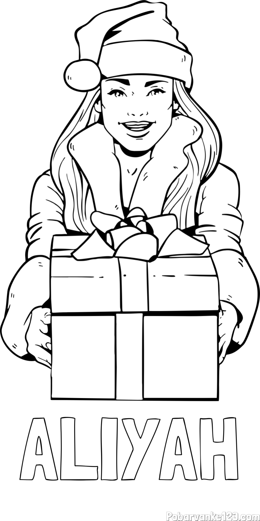 Pobarvanka imena ALIYAH in pobarvanka ženske oblečene v Božička z darilom