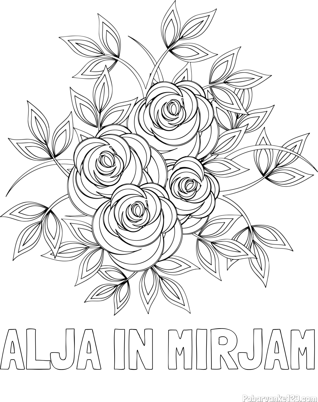 Pobarvanka imena ALJA IN MIRJAM in pobarvanka šopka vrtnic