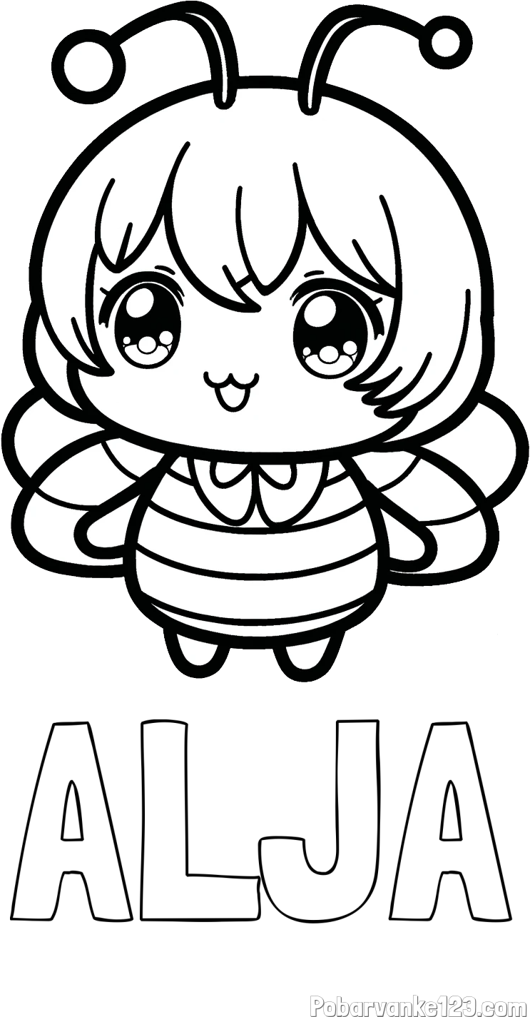 Pobarvanka imena ALJA in pobarvanka čebelice v stilu anime