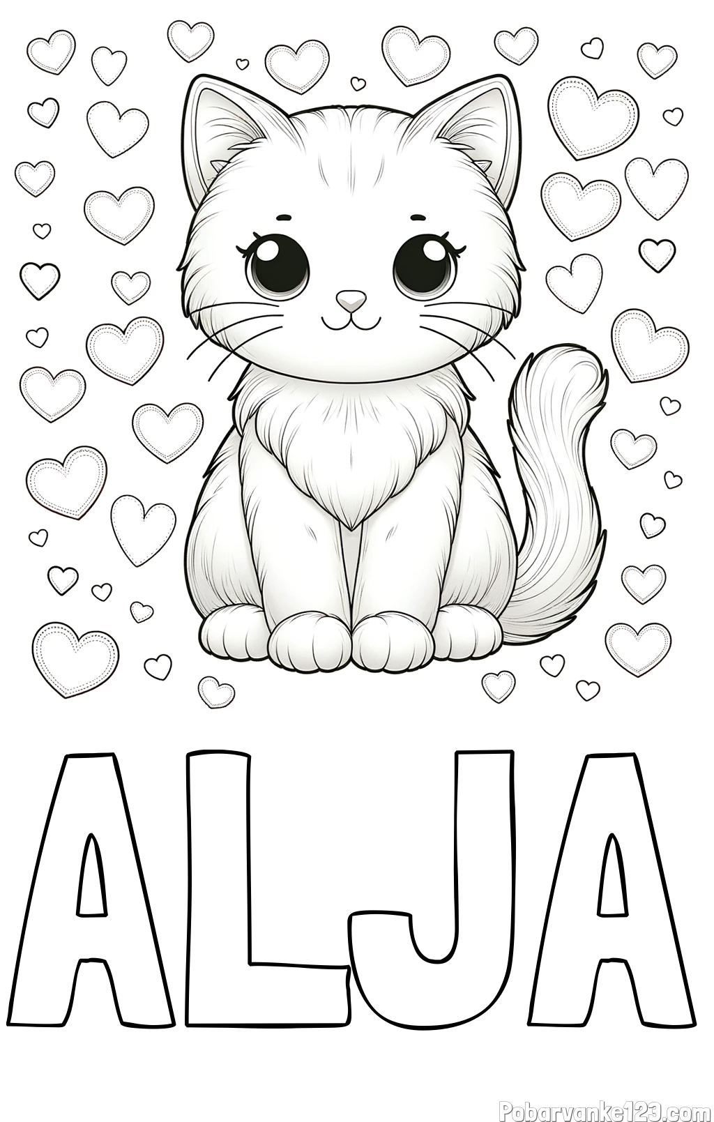 Pobarvanka imena ALJA in pobarvanka ljubke mucke obdane s srčki
