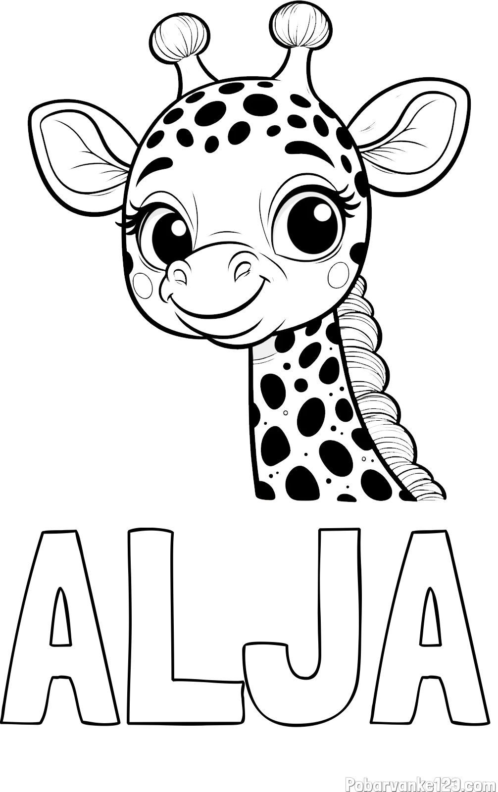 Pobarvanka imena ALJA in pobarvanka ljubke žirafe z velikimi očmi