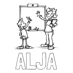 Online izdelana pobarvanka - Pobarvanka imena ALJA in pobarvanka učiteljice in učenca pred tablo