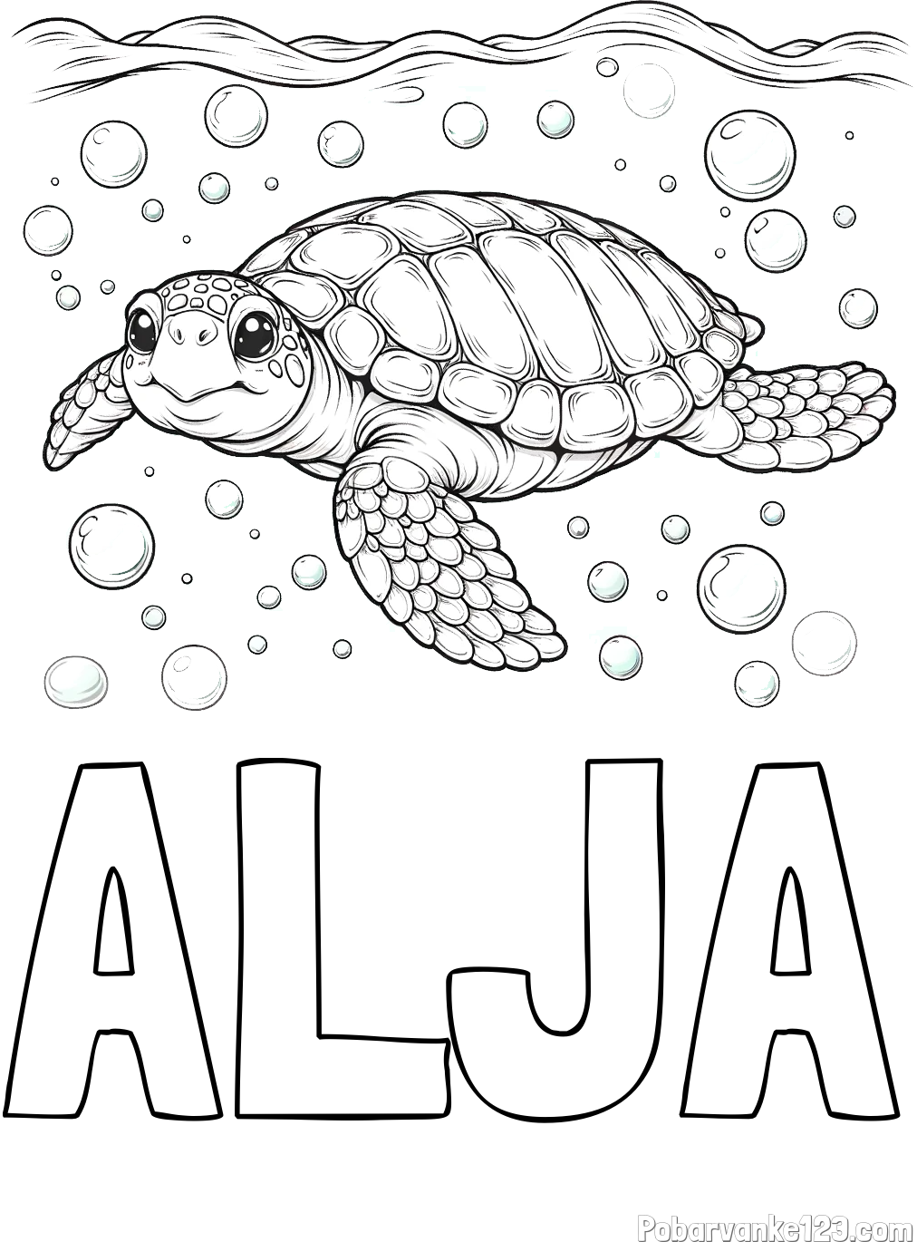 Pobarvanka imena ALJA in pobarvanka želve v morju