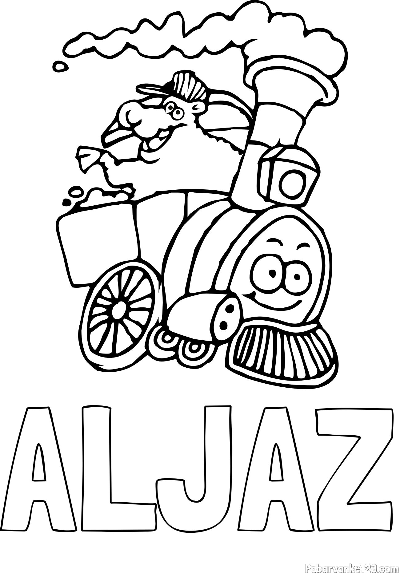 Pobarvanka imena ALJAŽ in otroška pobarvanka vesele lokomotive