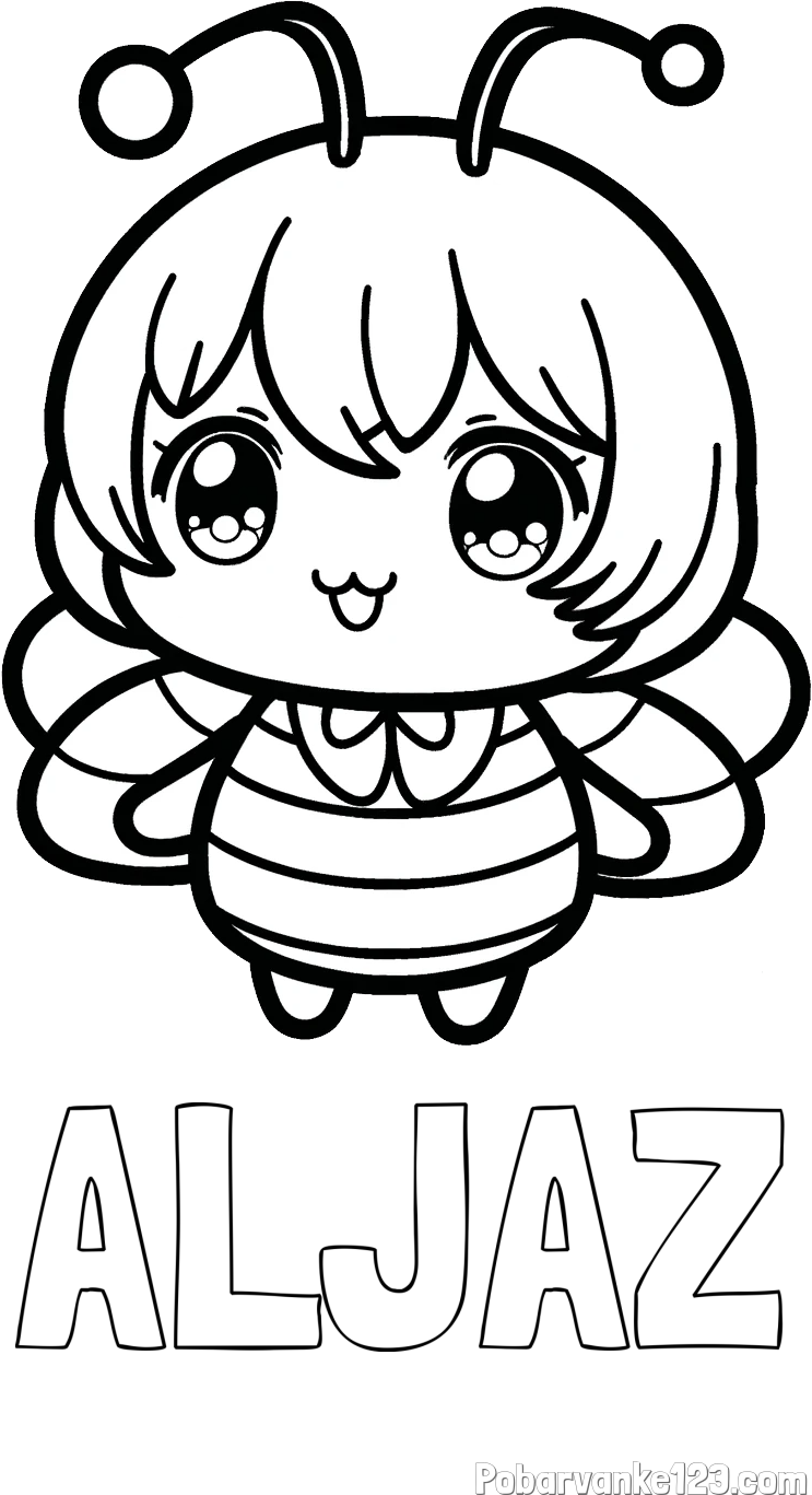 Pobarvanka imena ALJAŽ in pobarvanka čebelice v stilu anime