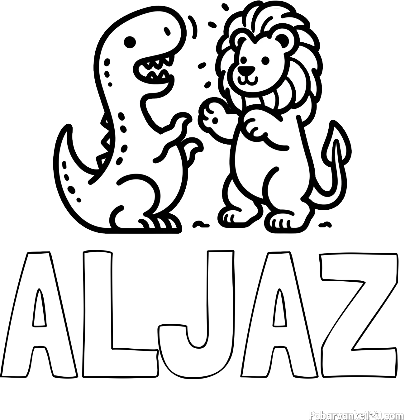 Pobarvanka imena ALJAŽ in pobarvanka dinozavra, ki napada leva