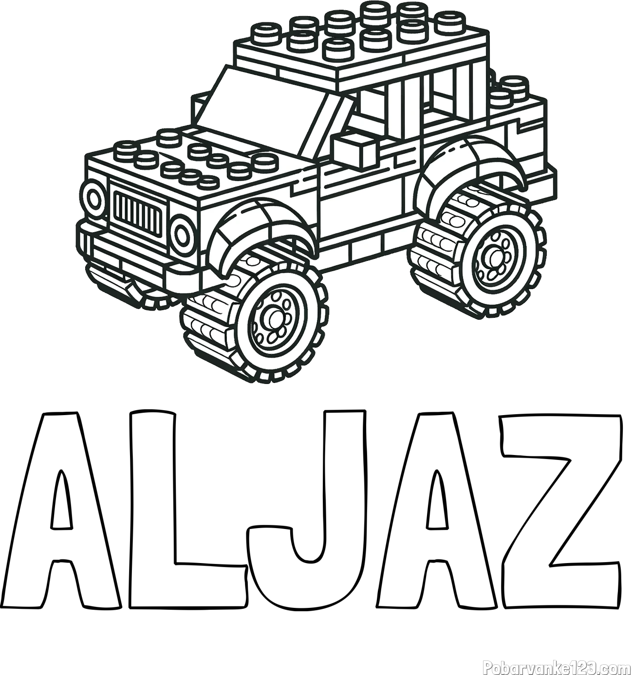 Pobarvanka imena ALJAŽ in pobarvanka džipa sestavljenega iz LEGO kock