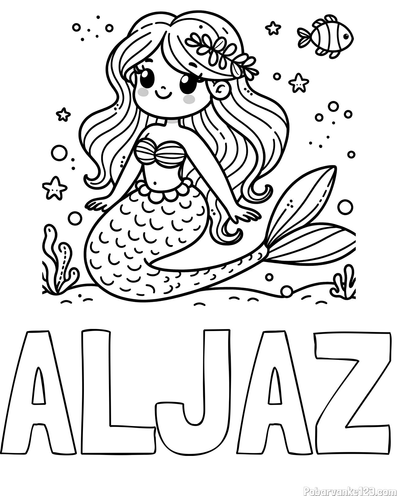 Pobarvanka imena ALJAZ in pobarvanka ljubke morske deklice v morju