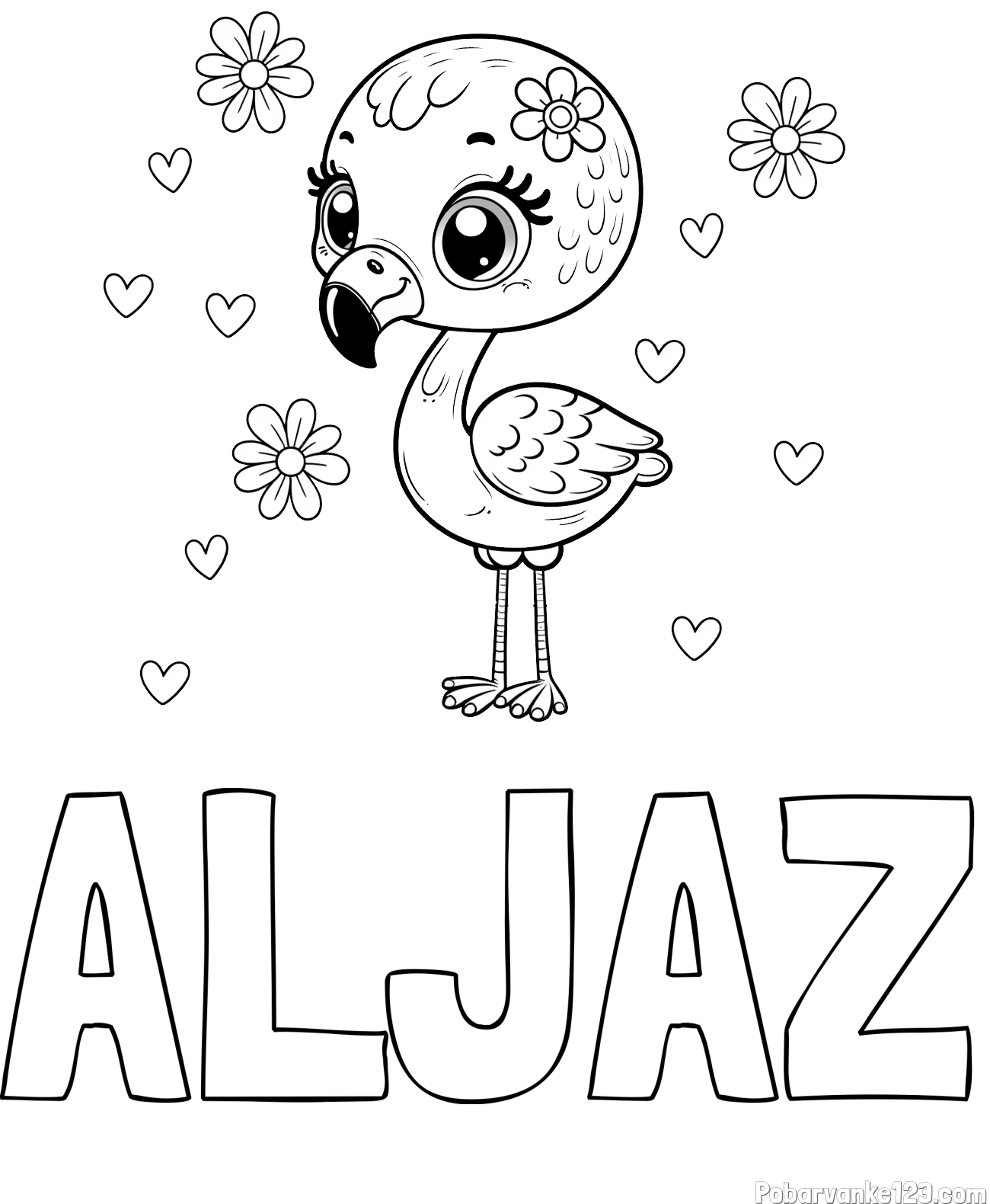Pobarvanka imena ALJAŽ in pobarvanka mladička flaminga z rožicami in srčki