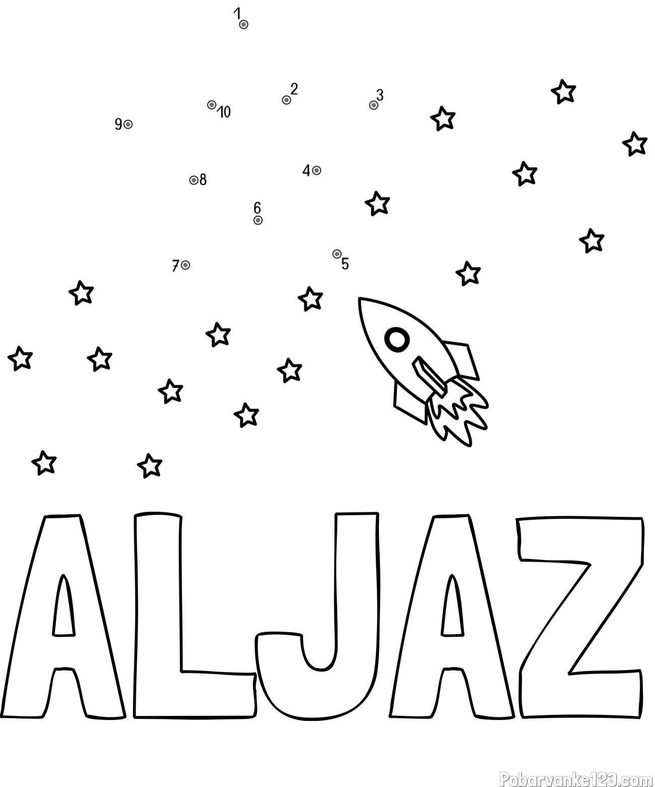 Pobarvanka imena ALJAŽ in pobarvanka poveži številke - vesoljska tematika