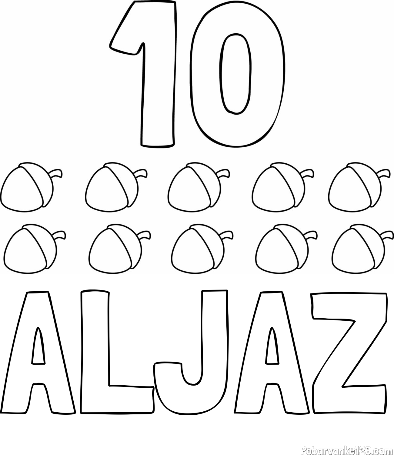 Pobarvanka imena ALJAZ in pobarvanka števila 10 s slikovnim prikazom