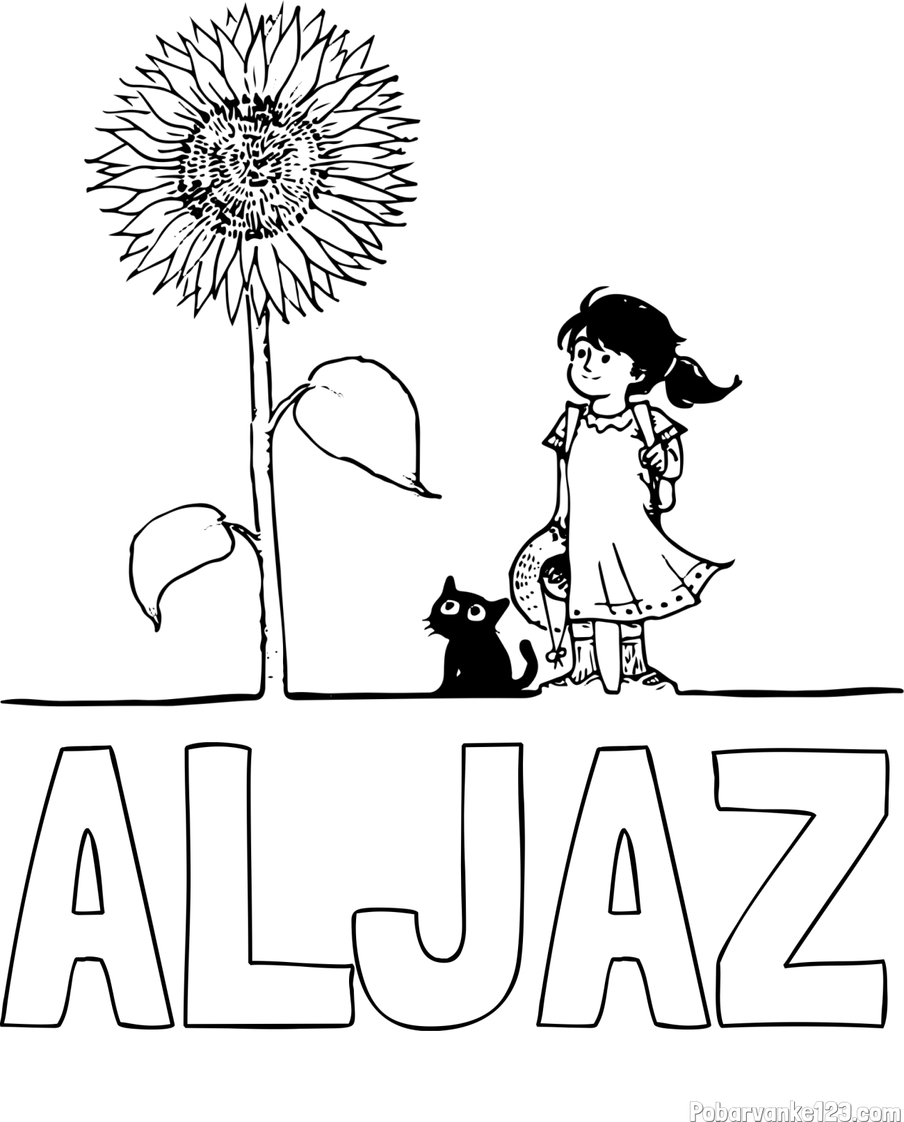 Pobarvanka imena ALJAŽ in pobarvanka velike sončnice, deklice in ljubkega mačka