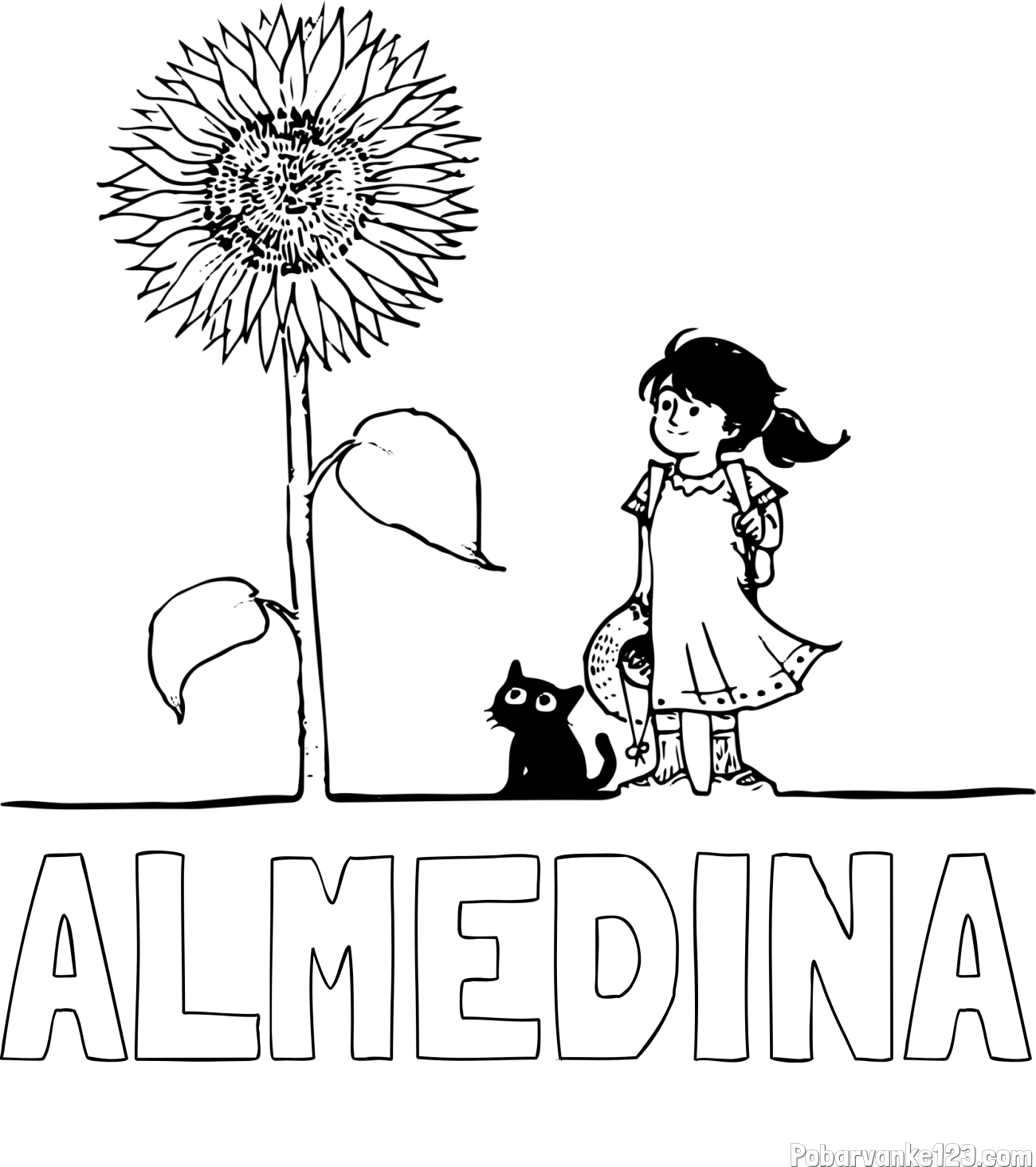 Pobarvanka imena ALMEDINA in pobarvanka velike sončnice, deklice in ljubkega mačka