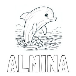 Online izdelana pobarvanka - Pobarvanka imena ALMINA in pobarvanka nasmejanega delfina v  skoku