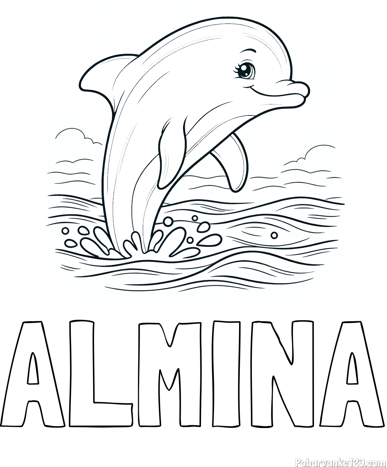 Pobarvanka imena ALMINA in pobarvanka nasmejanega delfina v  skoku