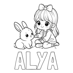 Online izdelana pobarvanka - Pobarvanka imena ALYA in pobarvanka ljubke punčke, ki se igra z zajčkom