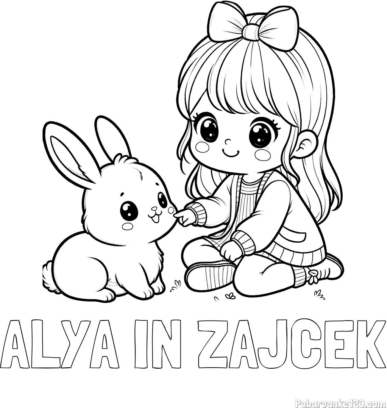 Pobarvanka imena ALYA IN ZAJČEK in pobarvanka ljubke punčke, ki se igra z zajčkom