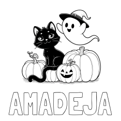 Online izdelana pobarvanka - Pobarvanka imena AMADEJA in pobarvanka prijaznega duhca, črne mačke ter buč za noč čarovnic