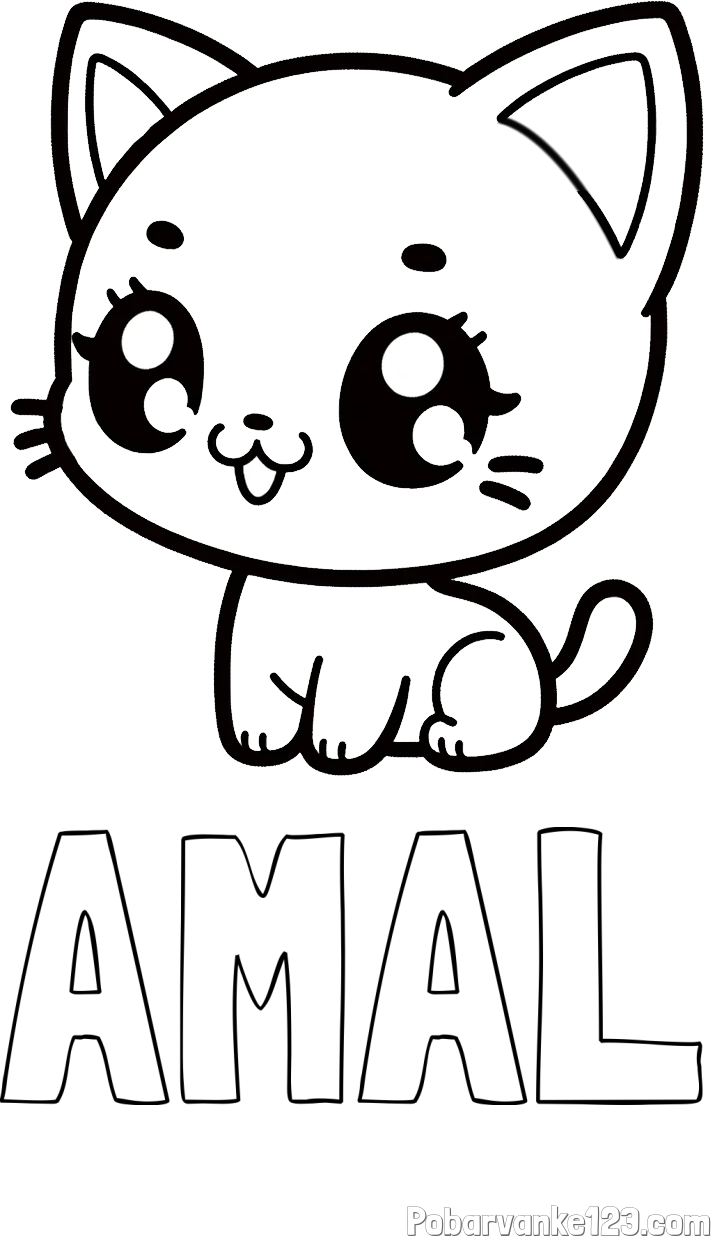 Pobarvanka imena AMAL in pobarvnaka ljubke muce v anime slogu