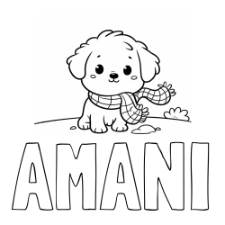 Online izdelana pobarvanka - Pobarvanka imena AMANI in pobarvanka prikupnega psička