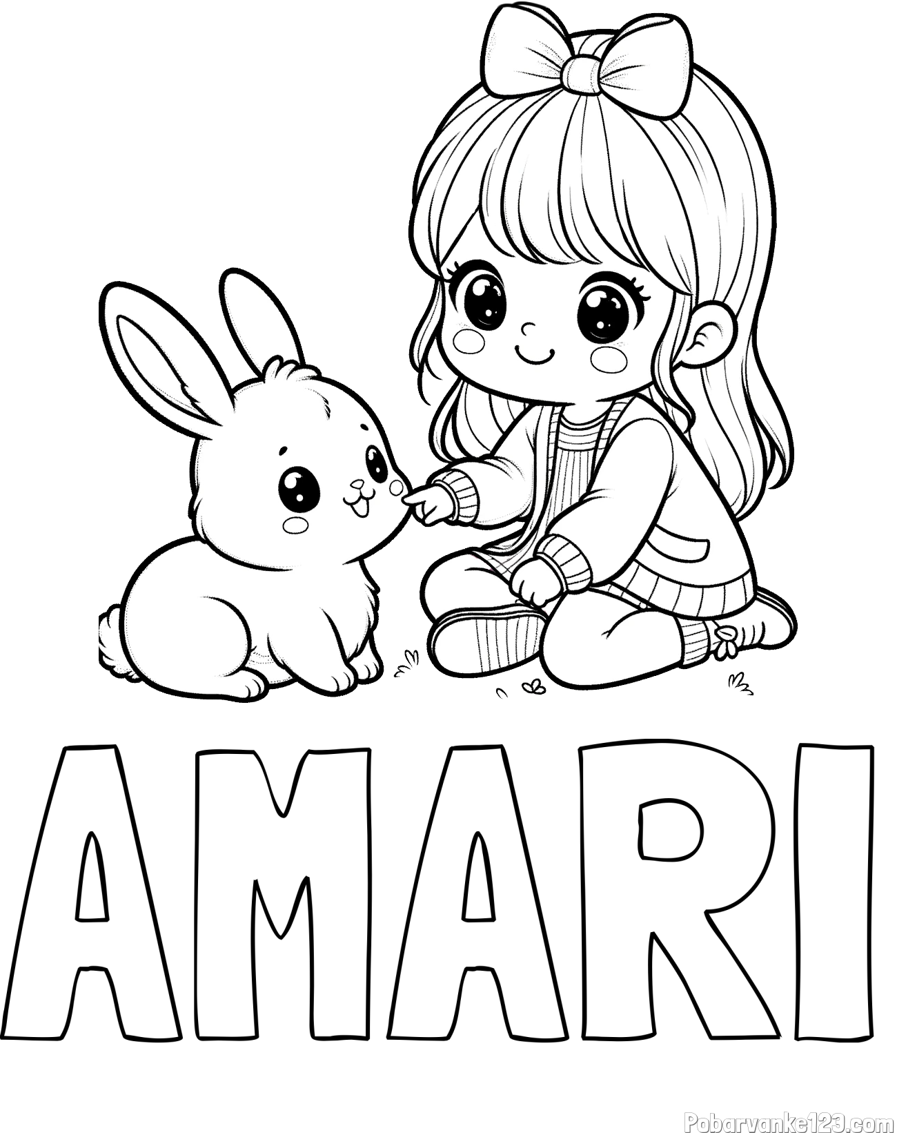 Pobarvanka imena AMARI in pobarvanka ljubke punčke, ki se igra z zajčkom