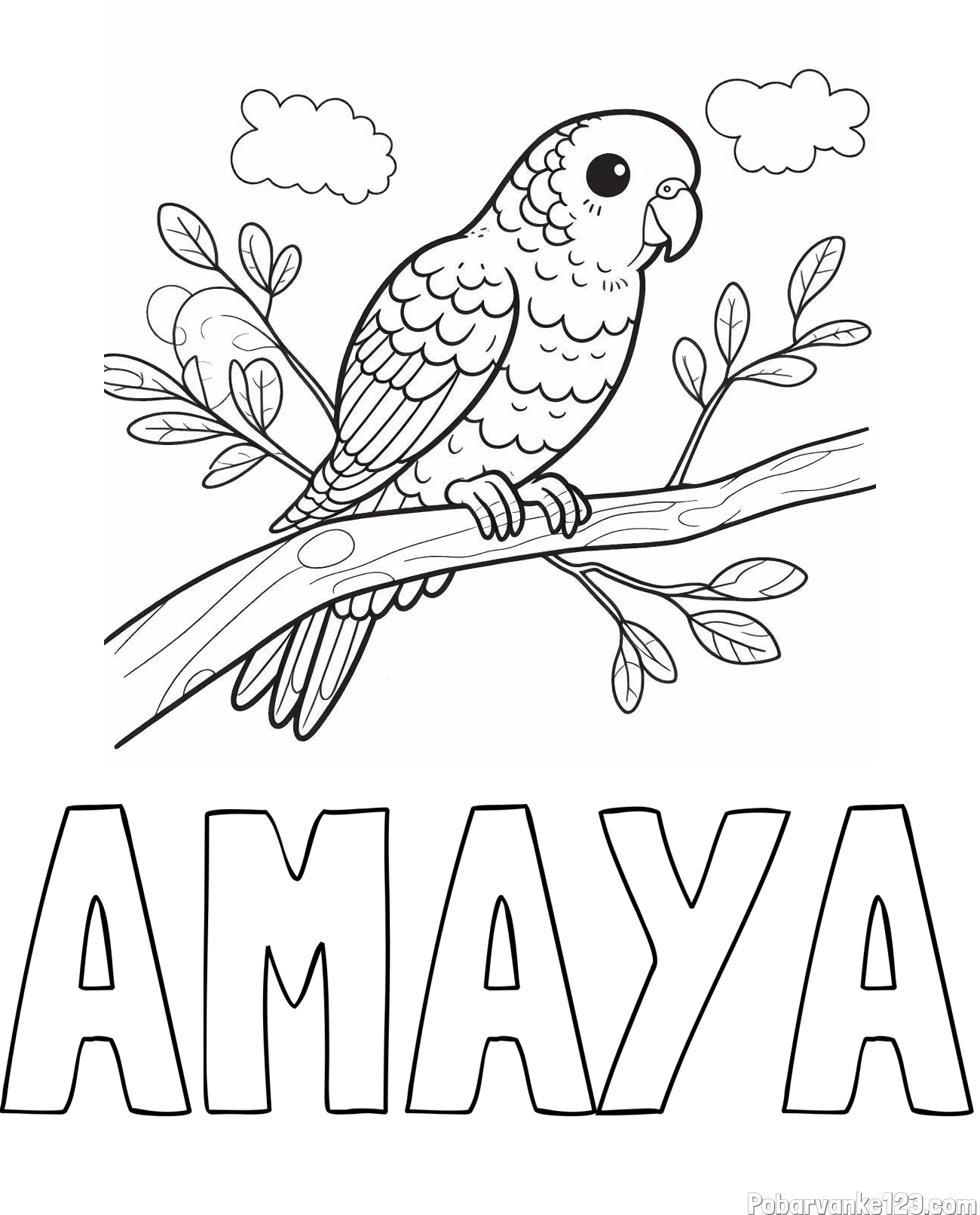Pobarvanka imena AMAYA in pobarvanka ljubkega kanarčka na veji