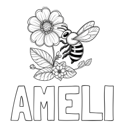 Online izdelana pobarvanka - Pobarvanka imena AMELI in otroška pobarvanka čebelice in rožice
