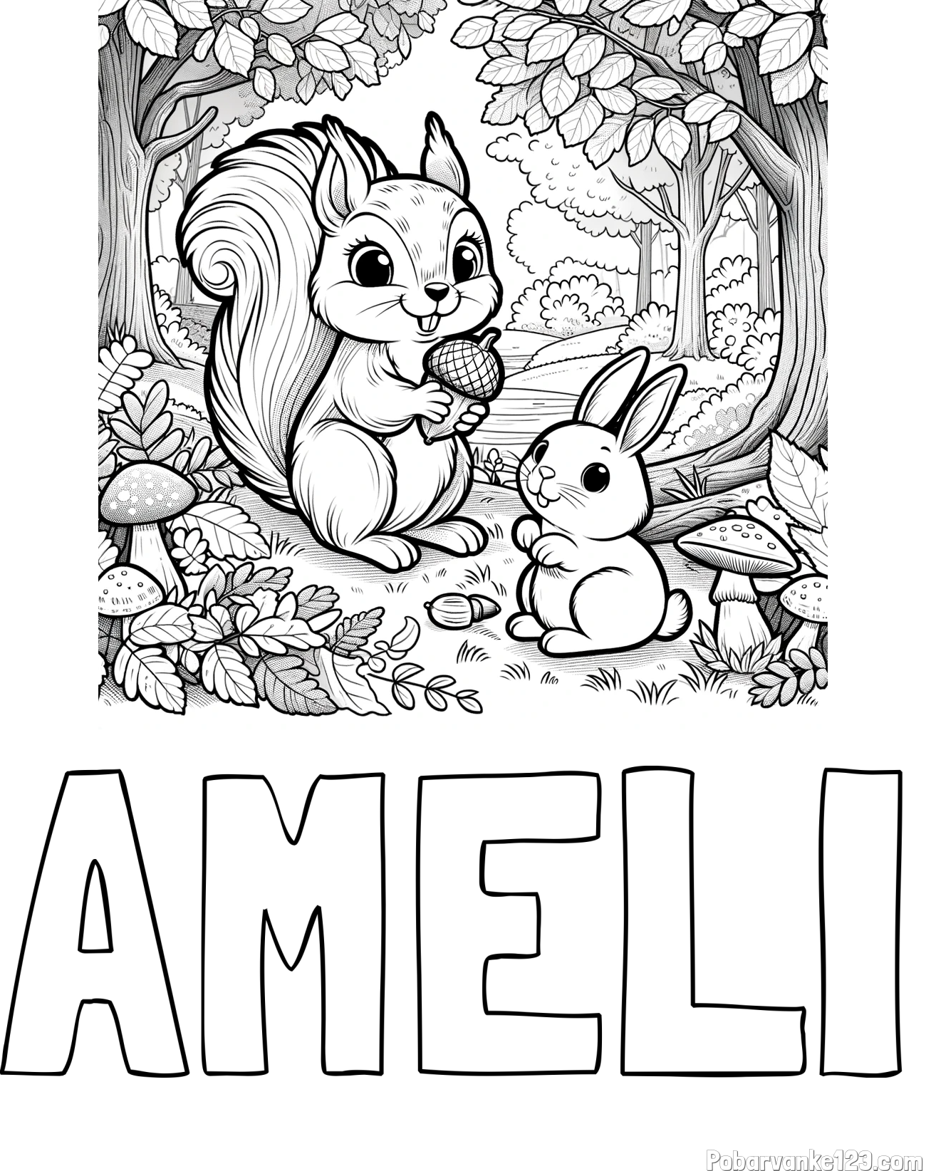 Pobarvanka imena AMELI in pobarvanka veveričke in zajčka v gozdu