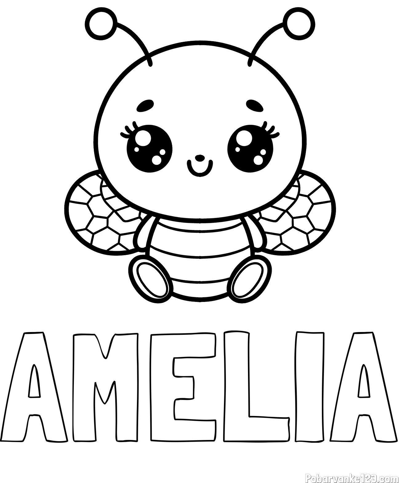 Pobarvanka imena AMELIA in otroška pobarvanka ljubke čebele