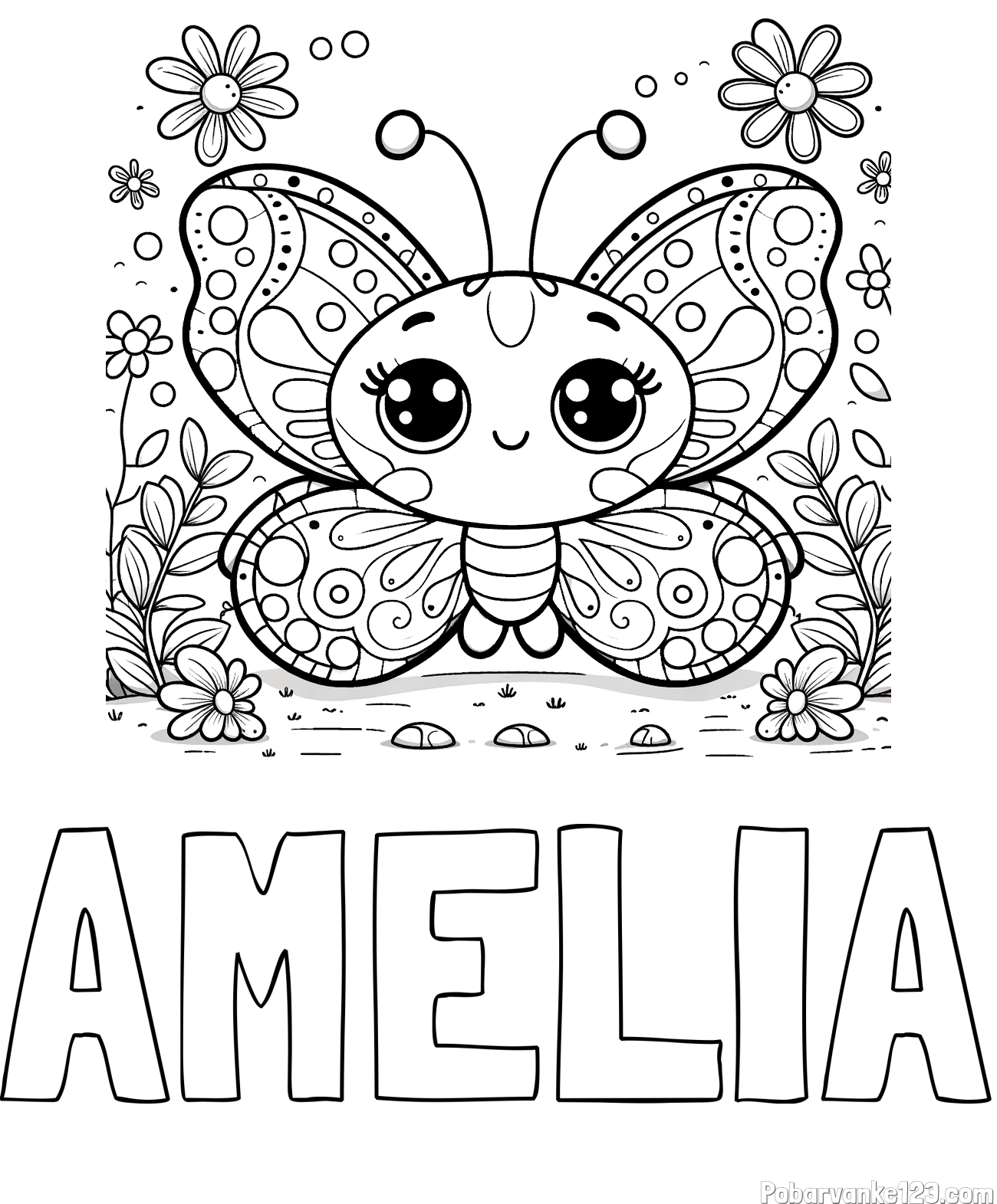 Pobarvanka imena AMELIA in pobarvanka ljubkega metuljčka