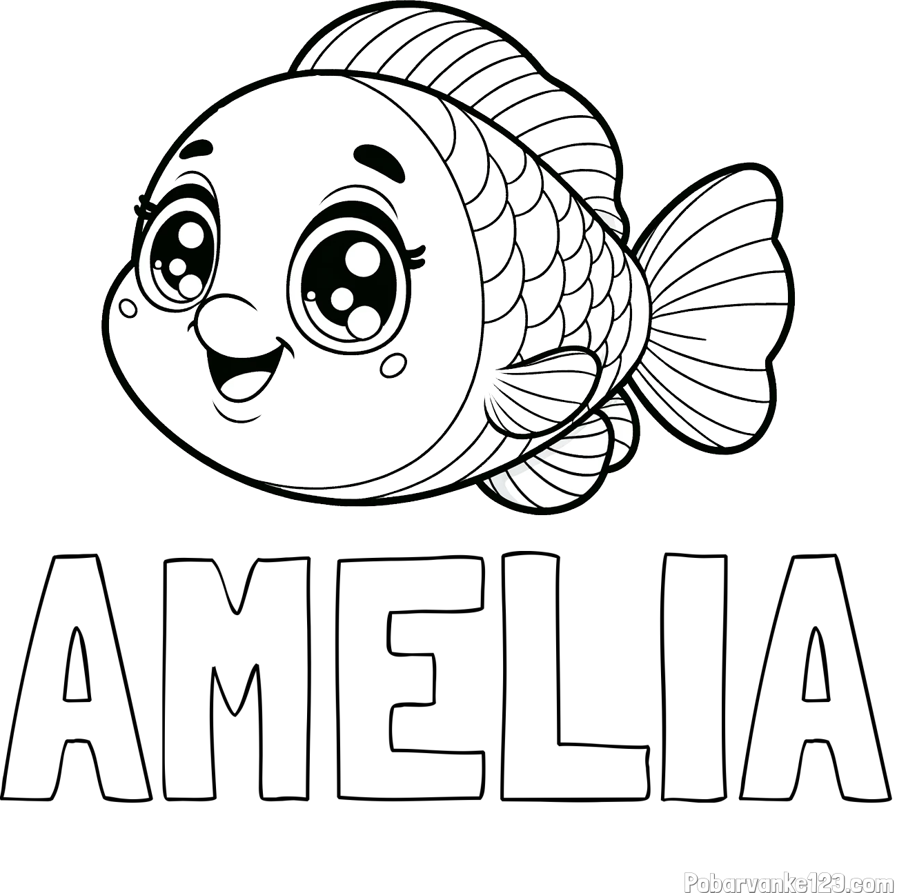 Pobarvanka imena AMELIA in pobarvanka prisrčne ribe