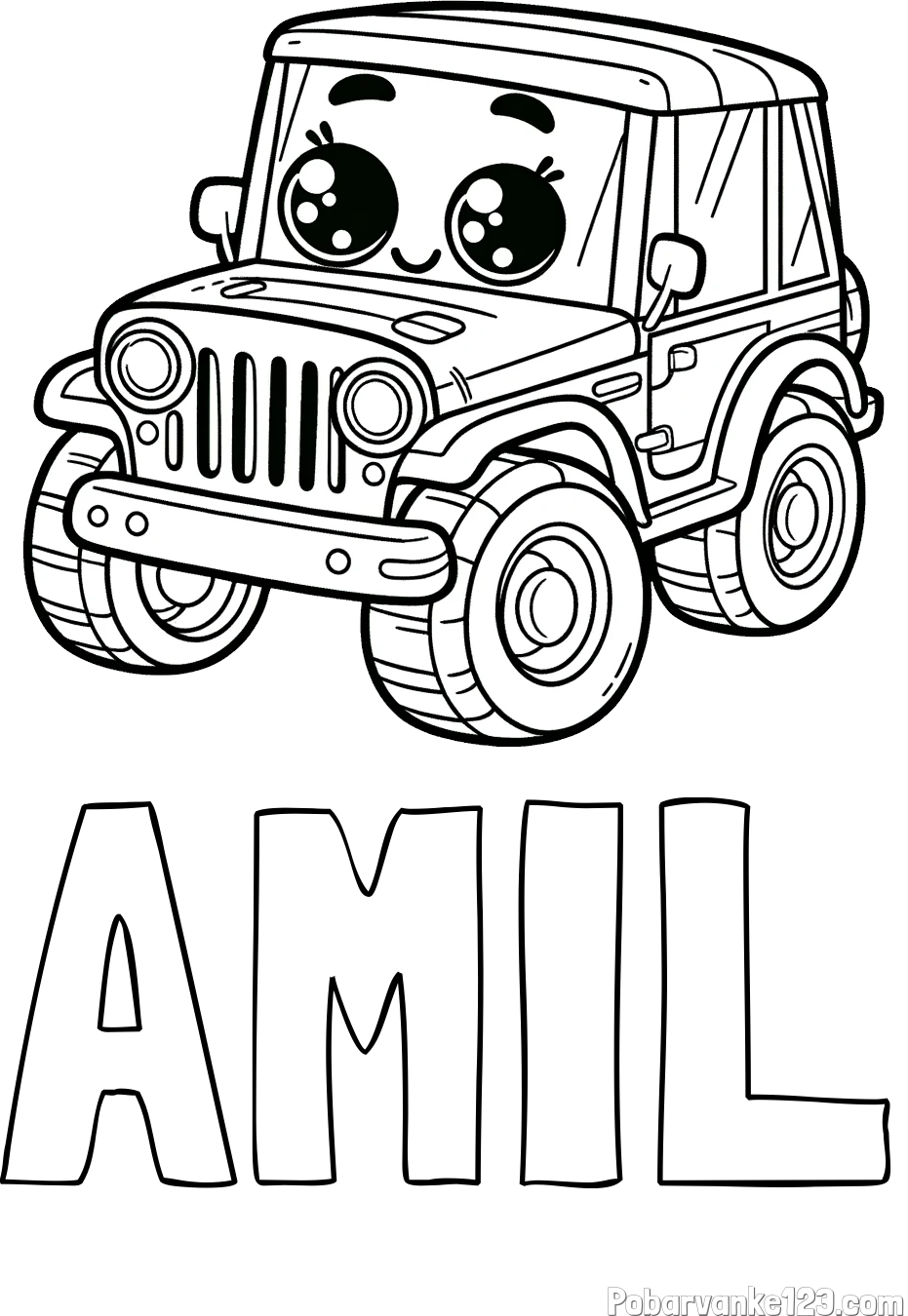 Pobarvanka imena AMIL in otroška pobarvanka nasmejanega jeep-a