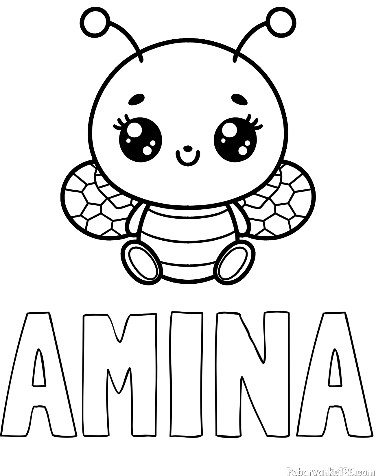 Pobarvanka imena AMINA in otroška pobarvanka ljubke čebele