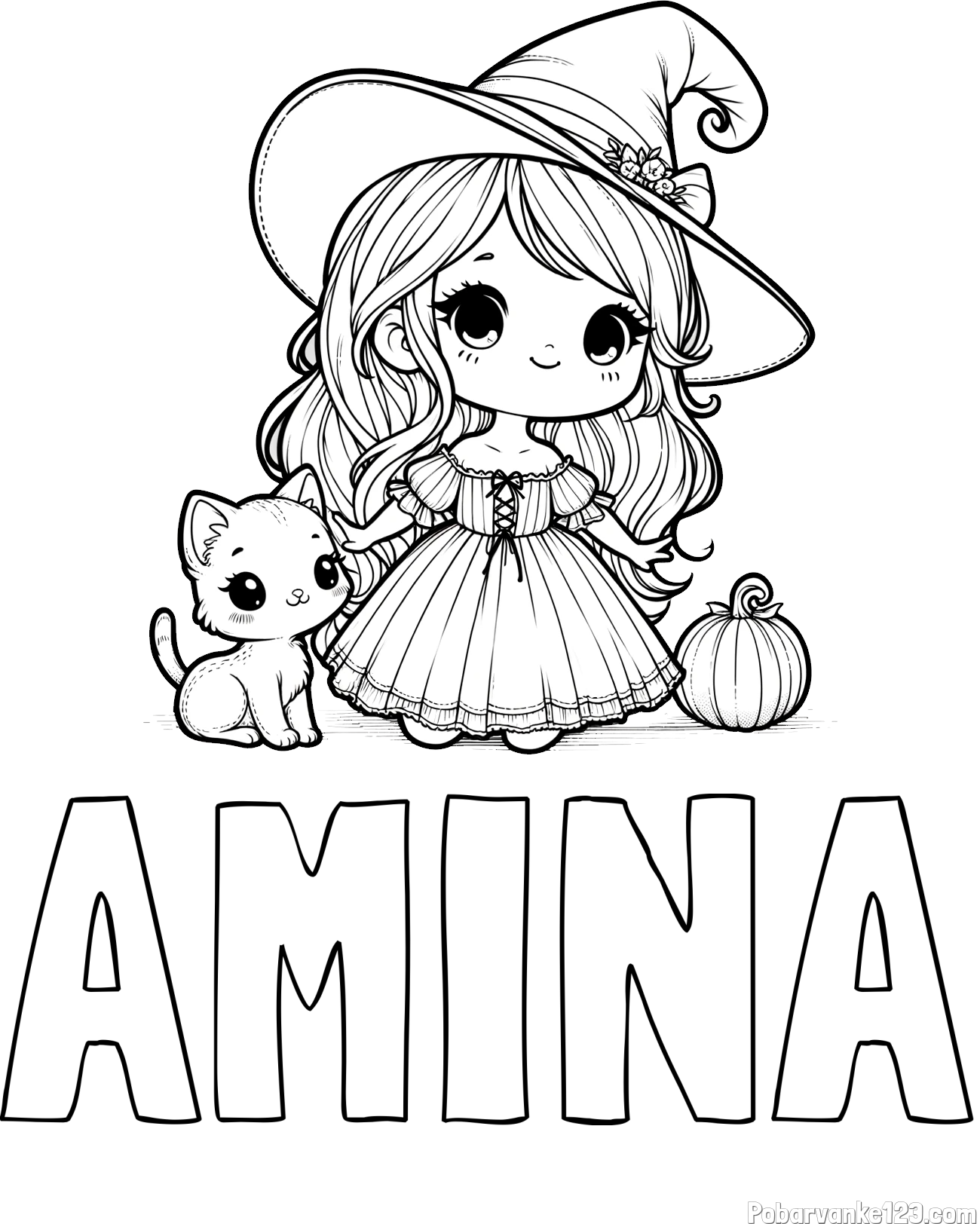 Pobarvanka imena AMINA in pobarvanka ljubke čarovnice, muce in buče