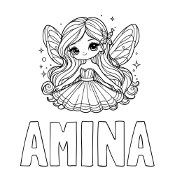 Pobarvanka imena AMINA in pobarvanka ljubke in nasmejane čarobne vile