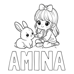Online izdelana pobarvanka - Pobarvanka imena AMINA in pobarvanka ljubke punčke, ki se igra z zajčkom