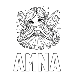 Online izdelana pobarvanka - Pobarvanka imena AMNA in pobarvanka ljubke in nasmejane čarobne vile