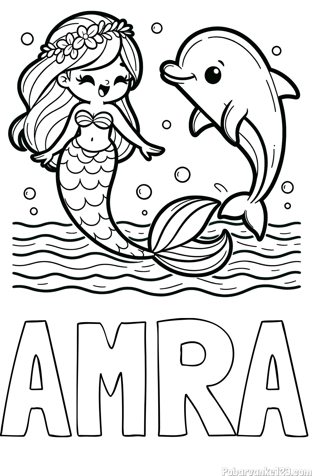 Pobarvanka imena AMRA in pobarvanka ljubke morske deklice, ki pleše z delfinom