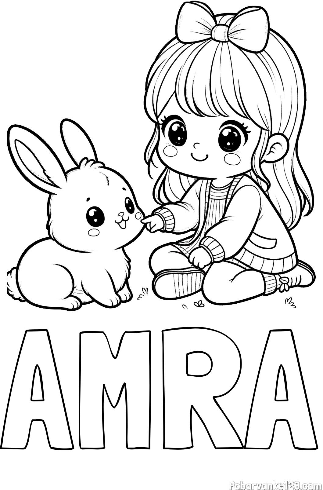 Pobarvanka imena AMRA in pobarvanka ljubke punčke, ki se igra z zajčkom